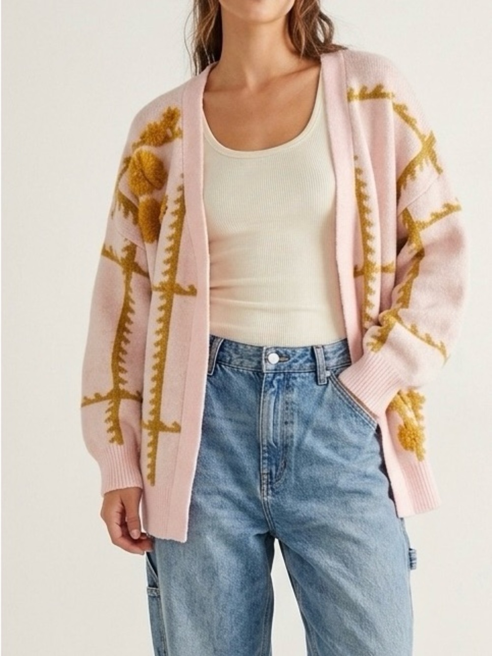 Anthropologie Catherine Floral Shine Cardigan Pink Gold Shimmer Boho Coquette
